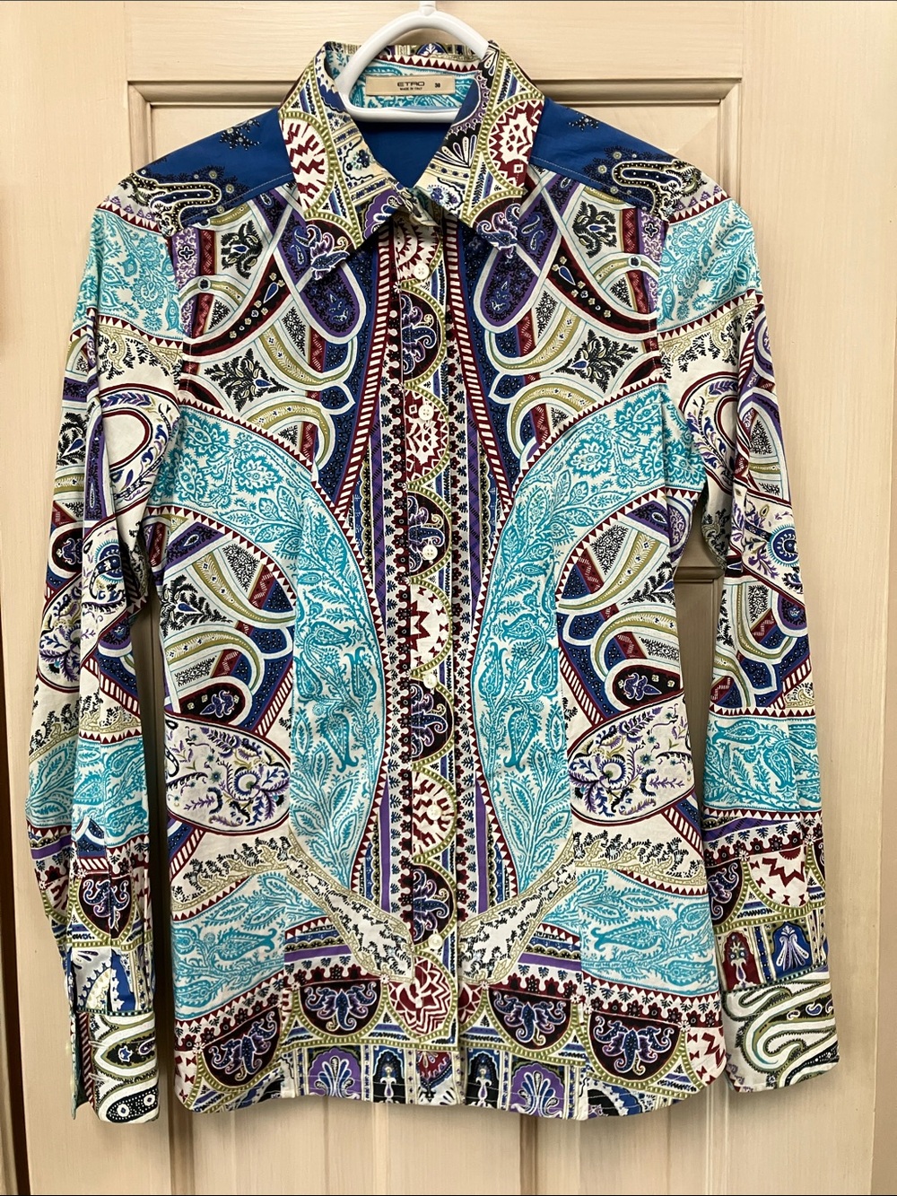 Etro Paisley Button-Down Shirt in Turquoise, Navy & Cream with Burgundy Accents